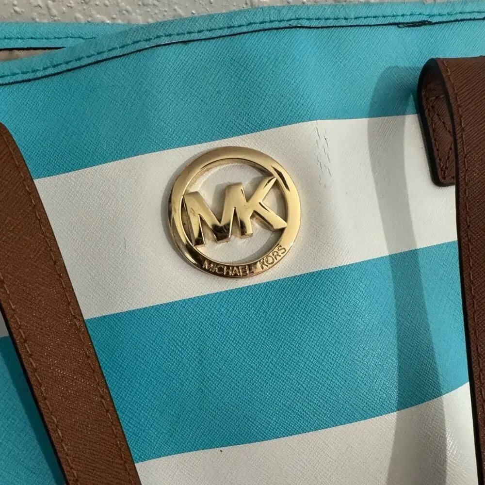 MICHAEL KORS 🩵 Blue & White Striped Shoulder Canvas Tote, Gold Logo